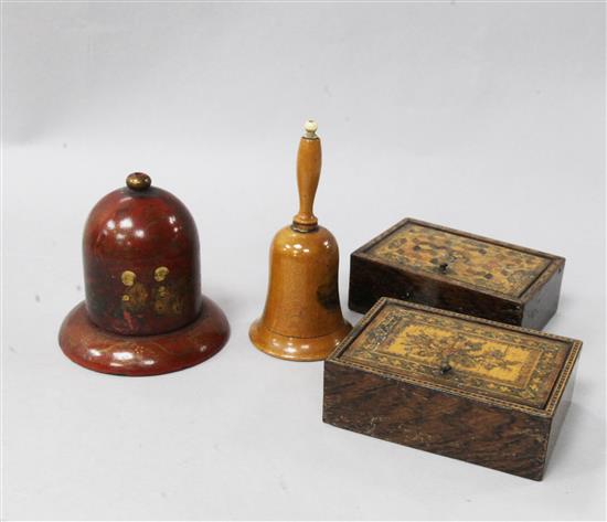 Two Tunbridgeware boxes, a Mauchlineware bell and a lacquer string box